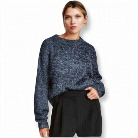 H&M Dark Blue Metallic Glitter Knit Balloon Sleeve Sweater Sz M - Picture 1 of 7